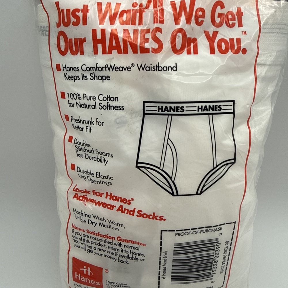 Vtg Hanes Men's White Briefs Pack Of 6 Size 38 1994 100 % Cotton Preshrunk NOS - Picture 8 of 8